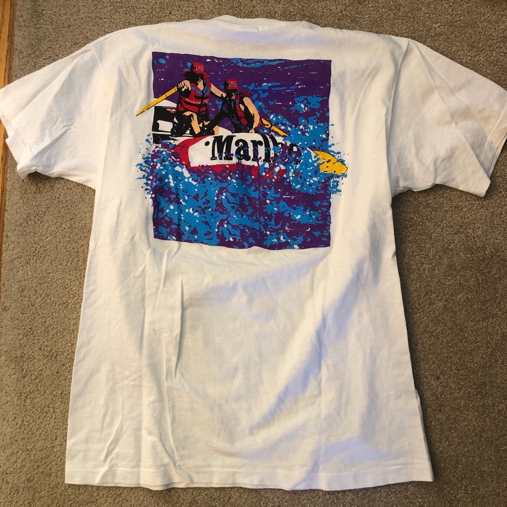 Marlboro White Short Sleeve Graphic Tee with Blue, Purple, Red, Yellow Accents
